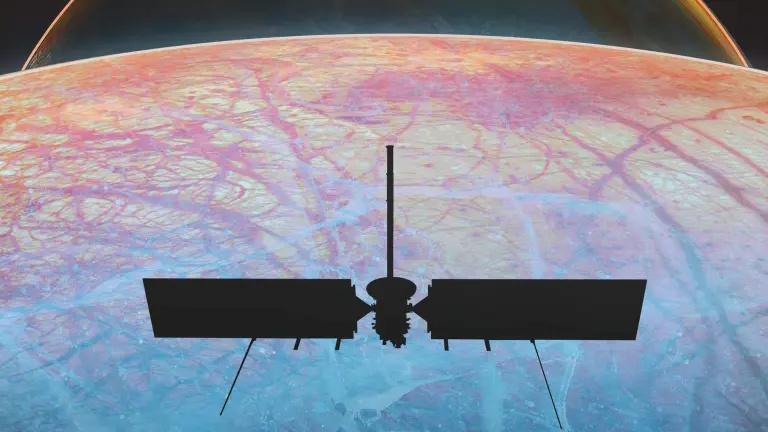 An illustration of the Europa Clipper mission flying over Jupiter's striped ice moon: Europa.