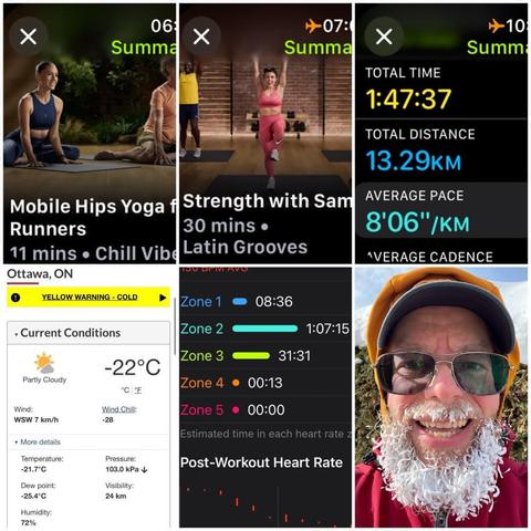 Grid of iOS screenshots and a photo:
1) Mobile Hips Yoga for Runners, 11 mins.
2) Apple Fitness Strength with Sam, 30 mins.
3) Apple Fitness Running Details:
Total Time: 1:47:37.
Total Distance: 13.29 KM.
Average Pace: 8'06"/KM.
4) Environment Canada site showing Yellow warning - cold, -22°C, -28 Windchill, 72% humidity, and 7 KM/H wind.
5) Apple Fitness Heart Rate Zone report:
Zone 1: 08:36.
Zone 2: 1:07:15.
Zone 3: 31:31.
Zone 4: 00:13.
Zone 5: 00:00.
6) Selfie of a white bearded man with glasses, a black ball cap with Canadian and Ukrainian flags on it, an orange hoodie, a red outer coat, and an ice-covered beard.
