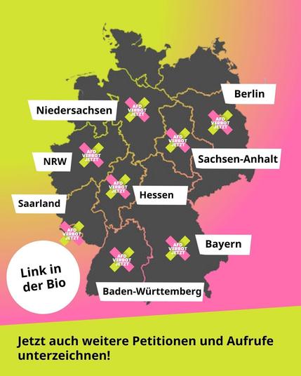 Deutschlandkarte mit Petitionen-Markierungen in Niedersachsen, Berlin, Sachsen-Anhalt, NRW, Hessen, Saarland, Baden-Württemberg und Bayern.Text im Kreis: Link in der Bio.Text unten: Jetzt auch weitere Petitionen und Aufrufe unterzeichnen!