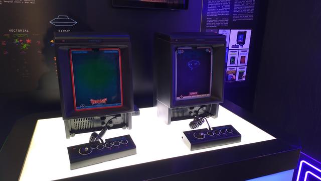 A pair of Vectrex consoles at the OXO museum in Madrid. One running "Web Warp" and the other running "Spike", both from 1983.