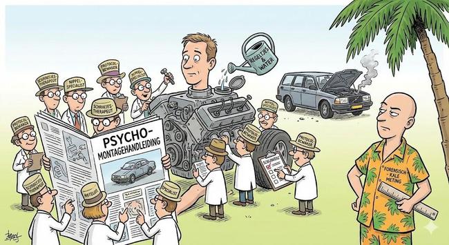 A satirical cartoon contrasting two approaches to psychology. On the left, a swarm of tiny, anxious bureaucrats in white coats surround a large car engine and a massive newspaper labeled "Psycho-Assembly Manual." They wear hats like "Nipple Specialist" and "Protocol Keeper," and one pours a watering can labeled "Rules & Water" into the engine. Behind them, a Volvo smokes and breaks down. On the right, standing calmly under a palm tree, is a forensic psychologist in a tropical shirt holding a ruler labeled "Forensic - Naked Measurement." He looks skeptically at the chaotic over-specialization next to him.