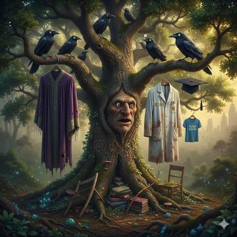 A surreal illustration of a massive, ancient oak tree with a weathered, human-like face embedded in its trunk, appearing stoic and weary. The tree is laden with the debris of human institutions: a tattered purple academic robe, a stained white lab coat, and a graduation cap hang from its branches, surrounded by watching crows. At its roots lie piles of discarded books, broken chairs, and a wooden bow, symbolizing the "human constructs" and "distortions" mentioned in the text that the tree silently endures.