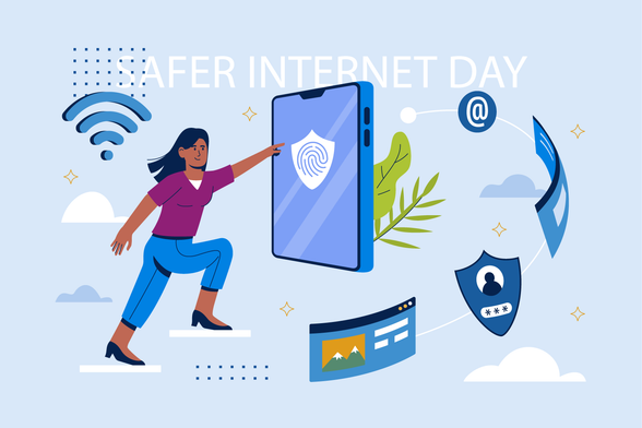 Illustration mit dem Schriftzug „Safer Internet Day“: Eine Person berührt den Bildschirm eines Smartphones mit einem Schutzschild- und Fingerabdrucksymbol. Um das Smartphone sind Symbole für WLAN, E-Mail, Benutzerkonto, Passwortschutz und eine Webseite angeordnet. Die Grafik steht für Sicherheit und Schutz im digitalen Raum.