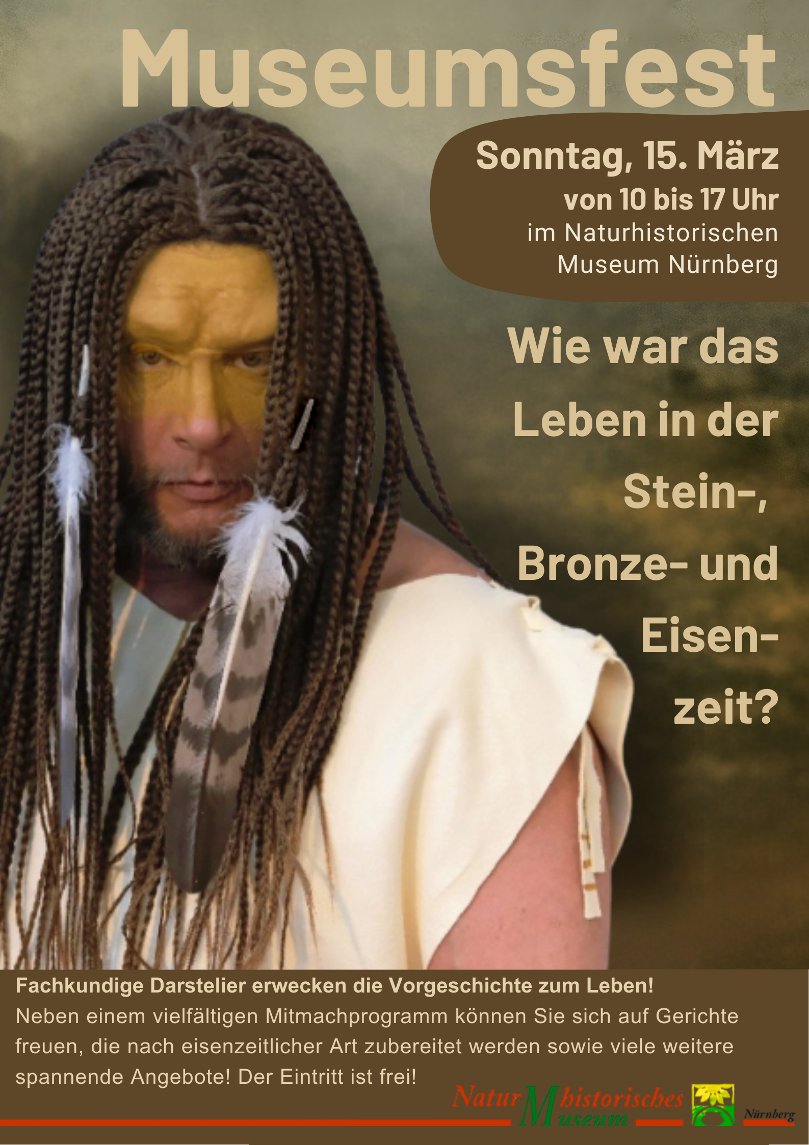 Person im Kostüm mit geflochtenen Haaren und weißem Gewand vor Text zu einem Museumsfest im Naturhistorischen Museum Nürnberg