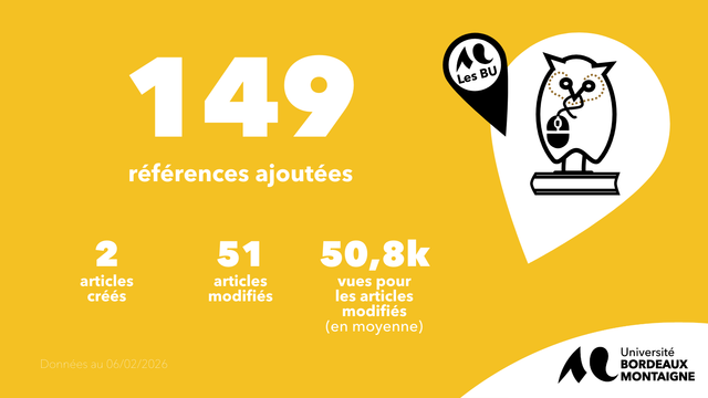 Campagne #1Lib1Ref
149 références ajoutées
2 articles créés
51 articles modifiés
50 800 vues pour les articles modifiés (en moyenne)
Bibliothèques de l'Université Bordeaux Montaigne
