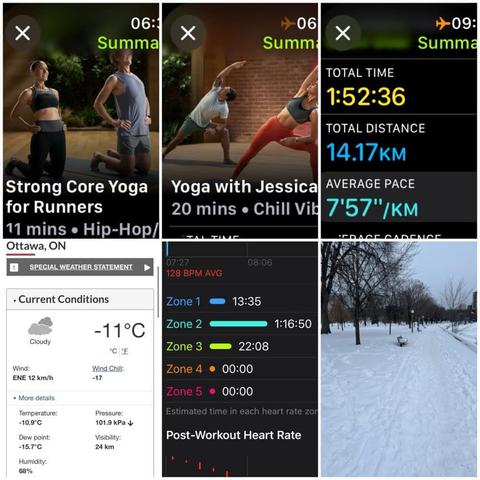 Grid of iOS screenshots and a photo:
1) Apple Fitness Strong Core Yoga for Runners, 11 mins.
2) Apple Fitness Yoga with Jessica, 20 mins.
3) Apple Fitness Running Details:
Total Time: 1:52:36.
Total Distance: 14.17 KM.
Average Pace: 7'57"/KM.
4) Environment Canada site showing Special Weather Statement -11°C, -17 windchill, 68% humidity, and 12 KM/H wind.
5) Apple Fitness Heart Rate Zone report:
Zone 1: 13:35.
Zone 2: 1:16:50.
Zone 3: 22:08.
Zone 4: 00:00.
Zone 5: 00:00.
6) Photo of a snowy path through parkland with bare trees on the left, and the snow-covered Rideau River on the right, under a grey sky.