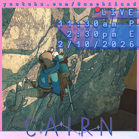 A young woman in climbing gear hangs from a sheer cliff, form the 2026 climbing video game, Cairn.
Unchiland signature pink and blue borders, youtube.com/@unchiland URL at the top. The top left corner has a red, circle "REC" recording indicator next to the word "LIVE". Below that, the stream schedule is shown: 11:30am Pacific, 2:30 pm Eastern, 2/10/2026