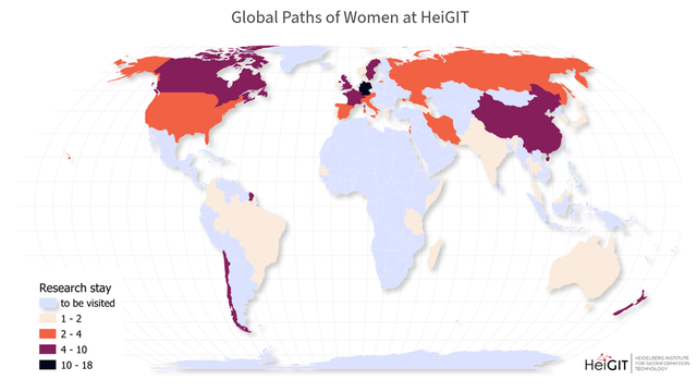 A graphic visualizing global paths of women at HeiGIT