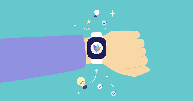 Illustration of a smartwatch on a personβs wrist displaying the MindNode leaf logo, surrounded by icons like light bulbs and checkmarks on a teal background.