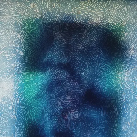 Linocut abstract landscape made of lines, dots and dashes. Green, blue,grey