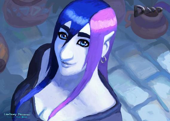 Illustration digitale de mon héroïne elfe appelée "Ily" pour un projet de jeu vidéo personnel.Ses cheveux sont bicolores ( bleu marin à gauche et violet à droite ), quelques mèches sur les côtés et au centre, peau bleutée, piercings en forme d'anneau aux oreilles. Vue plutôt en gros plan " Tête , épaule " et prise de vue en plongée. Ily regarde en hauteur vers le spectateur, orientée de trois quart vers la gauche, positionnée plutôt au centre de la composition. Le sol derrière elle sont des sortes de briques bleu clair agencée un peu comme une vue de jeu vidéo isométrique. Malgré la vue en gros plan il y à pas mal d'espace autour d'elle " surtout à sa droite " laissant entrevoir les briques.