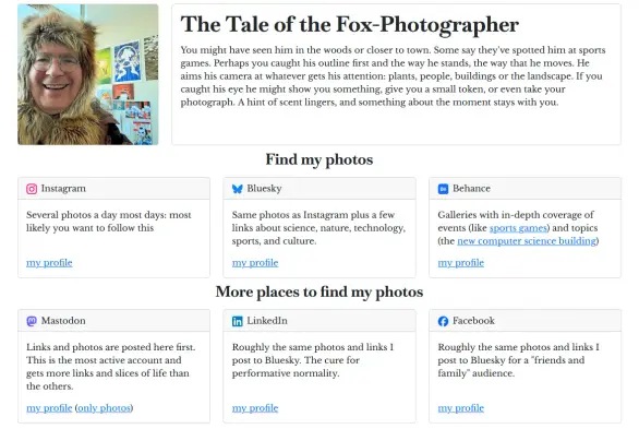 A screenshot of a web page (off brand for me) with a picture of a smiling man wearing a fox hood who's secretly standing in the way of a picture of Tamamo-no-Mae.  Headline reads "The Tale of the Fox-Photographer" and has six visible links where you can "Find my photos" and if you visit the URL you'll see there are even more.