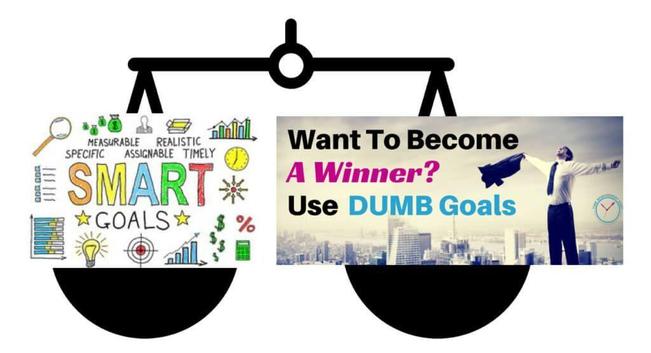 Are SMART goals stupid? An illustration of a balanced scale with an image on each pan. The left image illustrates the characteristics of SMART goals. The image on the right has the caption "Want To Become A Winner? Use DUMB Goals". Image element attributions: Tor Refsland and Your Dictionary