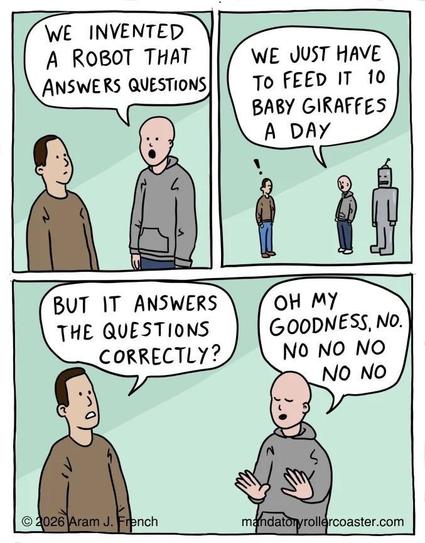 Cartoon. Person says to other person „We invented a robot that answers questions.“, adding, „we just have to feed it 10 baby giraffes a day“. The other person asks „But it answers the questions correctly?“ Person responds „Oh my goodness, no. No no no no no.“

By Aram J. French

Appropriated due to missing alt text