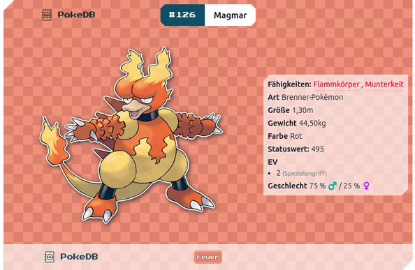 Magmar, Feuer-Pokémon #126: Gelb-rotes Pokémon mit Flammen auf dem Kopf, 1,30m groß, 44,50kg