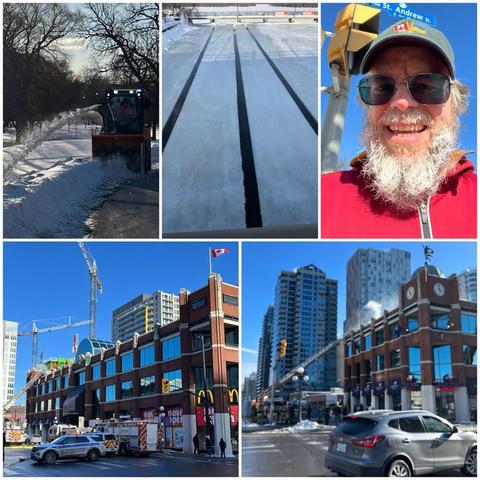 Grid of five photos:
1) Small city tractor blowing snow from along a path.
2) Water lines cut into the ice with the Rideau Falls dam at the top of the photo.
3) Selfie of a white bearded man with glasses, a black ball cap with Canadian and Ukrainian flags on it, an orange hoodie, a red outer coat, with his beard covered in ice.
4) Three floor brick building surrounded by fire trucks at the corner of Rideau and Dalhousie street, with the ladder truck going to the roof.
5) Three floor brick building surrounded by fire trucks at the corner of George and Dalhousie street, with the ladder truck going to the roof.