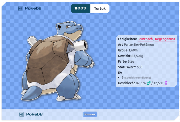 Turtok, Wasser-Pokémon #009: Blaue Schildkröte mit braunem Panzer und zwei Wasserkanonen, 1,60m groß, 85,50kg