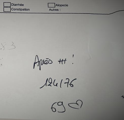 Ein von einer Krankenschwester beschrifteter Zettel mit meinem Blutdruck und meinem Puls pro Minute. Zum besseren Verständnis, was zum Blutdruck gehört und was der Puls ist, hatte sie dem Puls ein Herz zugefügt. In meinem Fall 69 ❤️ . Nein, es führte zu keinem Missverständnis, aber amüsant war es irgendwie.