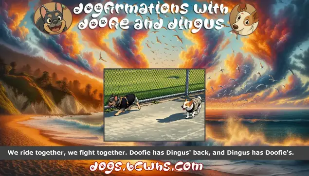 Dogfirmations with Doofie and Dingus: Ride or Die
 
We ride together, we fight together. Doofie has Dingus' back, and Dingus has Doofie's.
