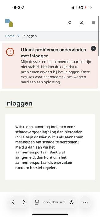 Screenshot van de inlogpagina van Instituut Mijnbouwschade waar er medegedeeld wordt dat de verbinding ‘niet stabiel’ is.