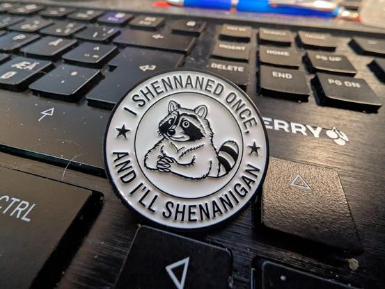 A pin with an illustration of a clever looking raccoon which is circled by the text
"I shennaned once"
"And I'll shenanigan"