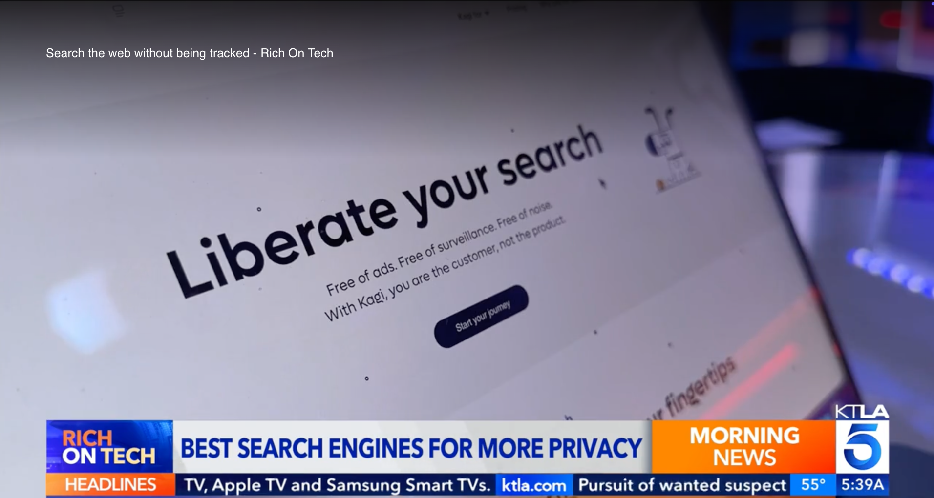Screenshot of Kagi Search's homepage on the KTLA channel, in a segment by Rich on Tech