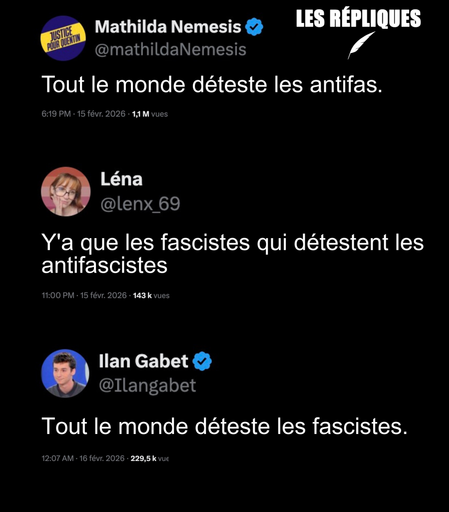 Mathilda Némésis : Tout le monde déteste les antifas.
Réplique de Léna : Y'a que les fascistes qui détestent les antifascistes