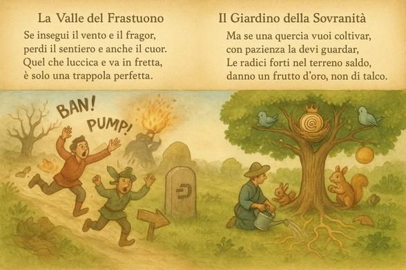 #Art #NurseryRhyme #Future
Una filastrocca per chi cerca valore, non rumore.
"Se insegui il vento e il fragor,
perdi il sentiero e anche il cuor.
Quel che luccica e va in fretta,
è solo una trappola perfetta.
Ma se una quercia vuoi coltivar,
con pazienza la devi guardar.
Le radici forti nel terreno saldo,
danno un frutto d'oro, non di talco."
Coltiviamo la quercia.
#CFV -> #DashTo5000
#Dash #BuiltToLast #Crypto #DAO #Privacy #Freedom #Trustless #Sovereignty #Web3 #Fundamentals
https://x.com/ItaliaDash/status/2023706966338494810?s=20