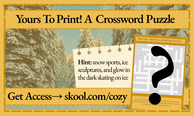 Winter Carnival printable crossword puzzle promo with snowy forest backdrop and warm golden design.