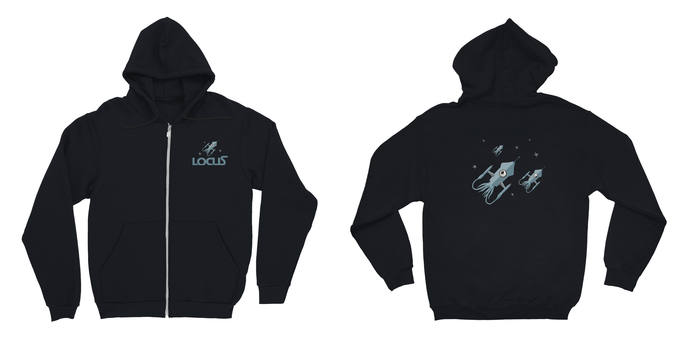 Locus Hoodie, front and back. Black with little aliens on it