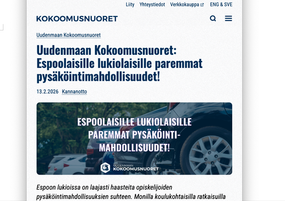 Kuvakaappaus Kokoomusnuorten nettisivulta: tiedotteen otsikko: Uudenmaan Kokoomusnuoret: Espoolaisille lukiolaisille paremmat pysäköintimahdollisuudet!
