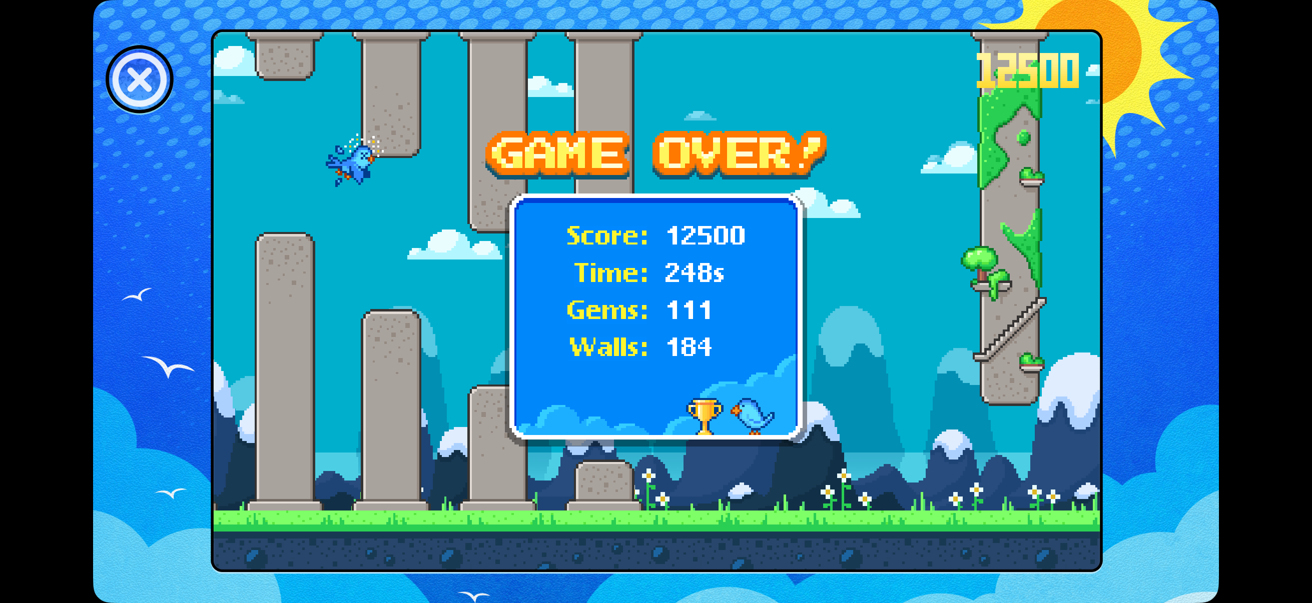 Game Over in Ollie Soars;
Score: 12500
Time: 248 seconds
Gems: 111
Walls: 184