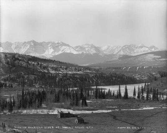 A view from the Athabasca River of the Rocky Mountains that the York Factory Express men must cross to reach home.