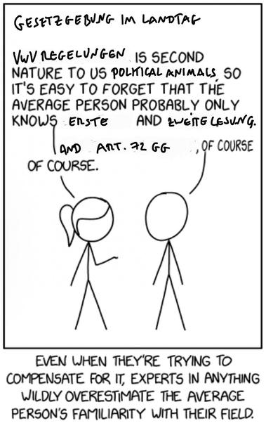 Xkcd-Meme zu Expertise

Text: Gesetzgebung im Landtag

VwV Regelungen is SECOND

NATURE TO US Political ANIMALS So

IT'S EASY TO FORGET THAT THE

AVERAGE PERSON PROBABLY ONLY

knows erste and zweite Lesung.

And Art. 72 GG OF COURSE

OF COURSE. 

EVEN WHEN THEY'RE TRYING TO
COMPENSATE FOR IT, EXPERTS IN ANYTHING
WILDLY OVERESTIMATE THE AVERAGE
PERSON'S FAMILIARITY WITH THEIR FIELD.
