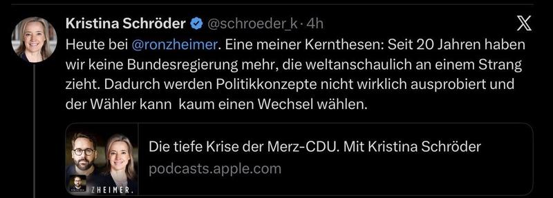 Ein Post von Kristina Schröder, in dem sie beklagt, dass wir seit 20 Jahren keine Regierung mehr hätten, die „weltanschaulich an einem Strang zieht.“