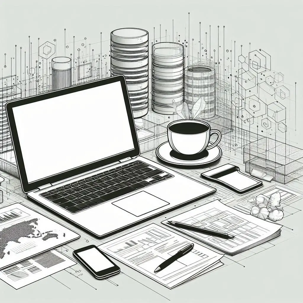A black and white line art illustration portraying a desk with a laptop computer, a coffee cup, mobile phone, papers, and pens. There are cylindrical objects in the background that can remind people of the graphic portrayal of databases as cylinders. Image designed and executed by DALL-E.