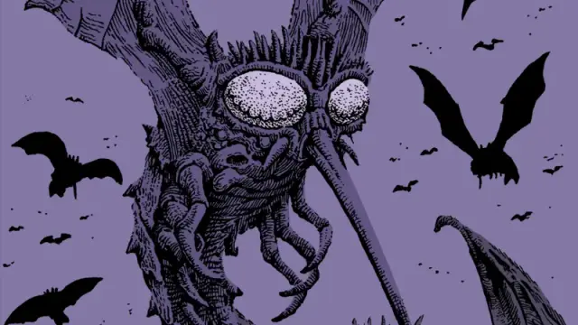 Cover art from Shadowdark: Cursed Scroll 5: Dwellers in the Deep, featuring a creepy stirge set against a purple background filled with bats.