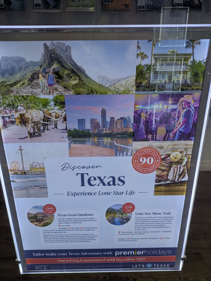 Travel agent advertisement for a packaged tour of Texas.