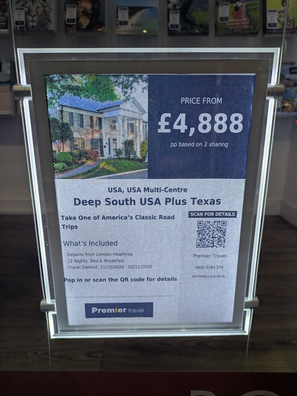 Travel agent advertisement for a packaged tour of the US Deep South Plus Texas.