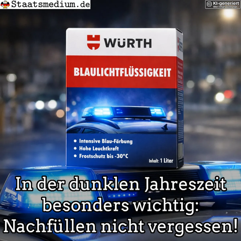 Ein Satirisches Bild: Verpackung für Blaulichtflüssigkeit mit einem Hinweis, dass sie in der dunklen Jahreszeit besonders wichtig ist und man das Nachfüllen nicht vergessen soll.