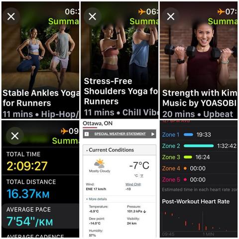 Grid of iOS screenshots:
1) Apple Fitness Stable Ankles Yoga for Runners, 11 mins.
2) Apple Fitness Stress-Free Shoulders Yoga for Runners, 11 mins.
3) Apple Fitness Strength with Kim, Music by YOASOBI, 20 mins.
4) Apple Fitness Running Details:
Total Time:2:09:27.
Total Distance: 16.37 KM.
Average Pace: 7'54"/KM.
5) Environment Canada site showing -7°C, -13 windchill, 57% humidity, and 17 KM/H wind.
6) Apple Fitness Heart Rate Zone report:
Zone 1: 19:33.
Zone 2: 1:32:42.
Zone 3: 16:24.
Zone 4: 00:00.
Zone 5: 00:00.