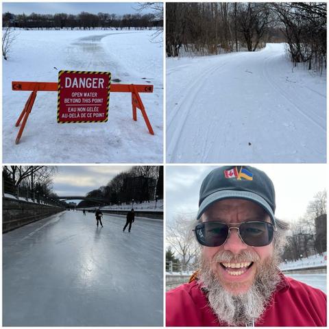 Grid of four photos:
1) A sign across a pathway leading down to the frozen Rideau River, reading Danger Open Water beyond this point | Eau non gelée au-delà ce point, with the tree-lined west shore visible under a grey sky.
2) winding snowy pathway through a young forest.
3) Looking southward on the Rideau Canal Skateway, with bare trees lining it with the Corktown bridge visible, and skaters about, under a mottled sky.
4) Selfie of a white bearded man with glasses, a black ball cap with Canadian and Ukrainian flags on it, an orange hoodie, a red outer coat, and the faintest hint of ice on the beard.
