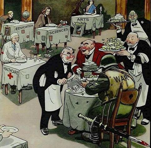 A cartoon depicts people representing Education, Sciences, Arts, and Healthcare, enjoying a feast, while a soldier labeled "War" looks on.