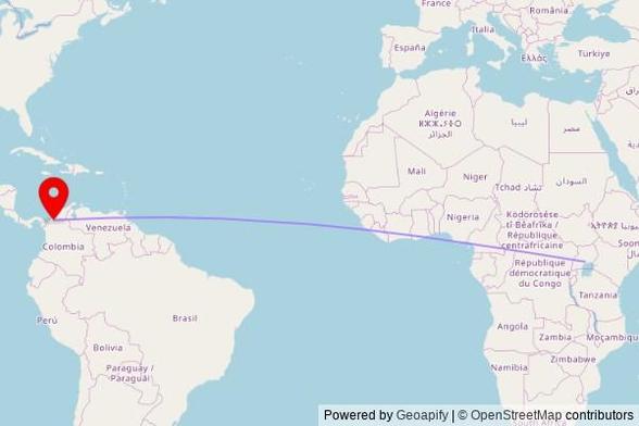 A map showing the great circle route from Kalambi Kiwumu in Uganda to a map pin at Parroquia San Pablo Apóstol, Calle 68, Comuna 8, 230002 Montería, COR, Colombia