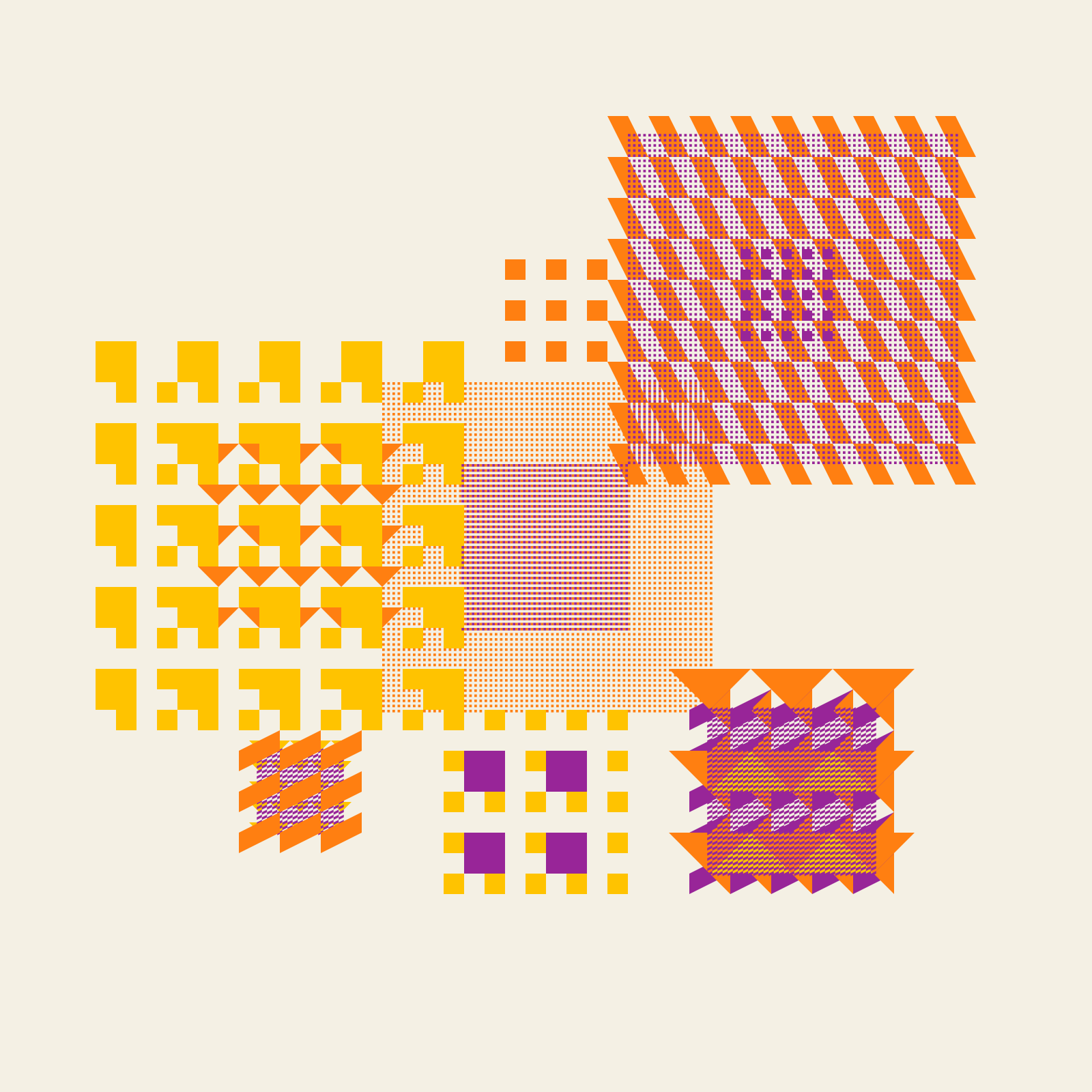 Abstract generative art featuring a dynamic composition of geometric patterns in vibrant yellow, orange, and purple. The design includes overlapping grids, diagonal stripes, pixelated blocks, and triangular shapes, creating a visually engaging interplay of structure and movement. The layered textures and bold color contrasts add depth and complexity to the artwork.