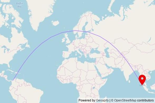 A map showing the great circle route from Montería in Colombia to a map pin at Masjid Taqwa, Jalan Rantau Gedang, Singkil, Aceh, Indonesia