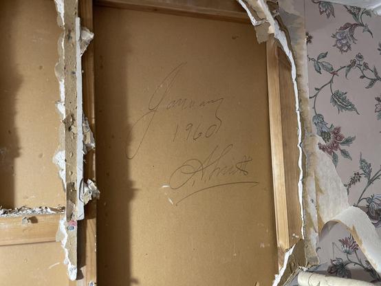 Hidden signature from 1960 inside a plasterboard panel partition wall.