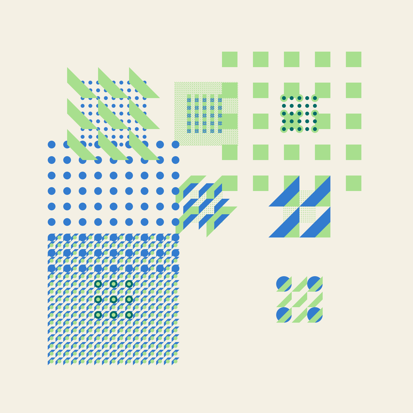 Abstract generative art featuring a harmonious blend of geometric patterns in shades of blue, green, and teal. The composition includes overlapping grids, diagonal stripes, dotted textures, and layered shapes, creating a visually intricate and balanced design. The interplay of repetitive motifs and contrasting textures adds depth and complexity to the artwork.