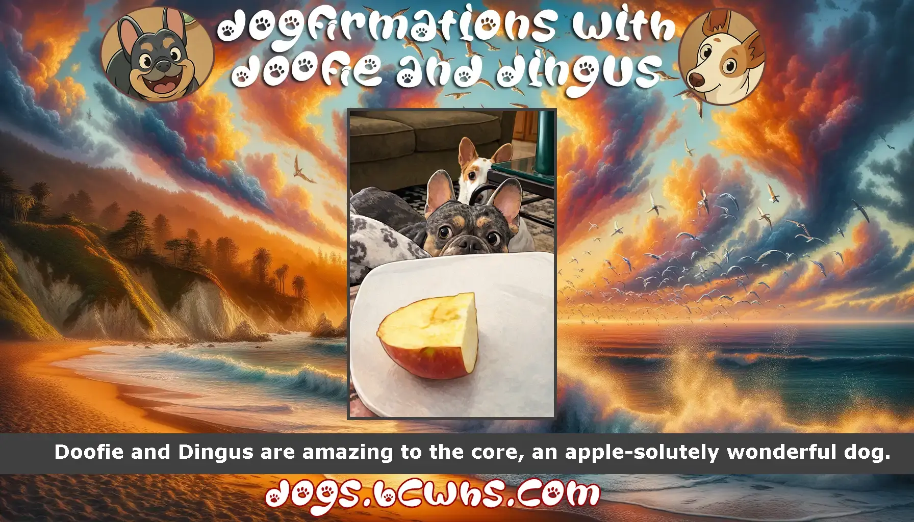Dogfirmations with Doofie and Dingus: Them Apples
 
Doofie and Dingus are amazing to the core, an apple-solutely wonderful dog.