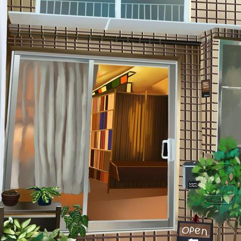 Painting to Saikung bookstore featuring a sliding glass door with a curtain on one side. Inside the bookstore features a shelf with books in warm lighting.